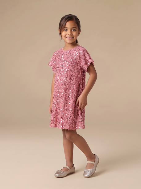 Meisjesjurk in fluweel / velours en pailletten rood+rozen+zilver - vertbaudet enfant 