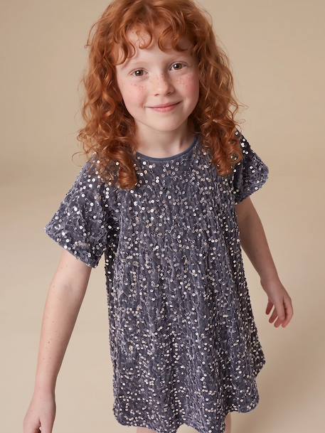 Meisjesjurk in fluweel / velours en pailletten rood+rozen+zilver - vertbaudet enfant 