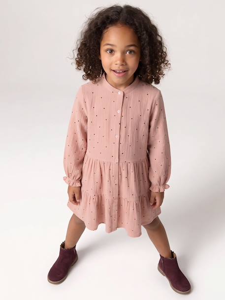 Robe fille en gaze de coton imprimée pois irisés noix de pécan+prune+vert sapin+vert sauge - vertbaudet enfant 