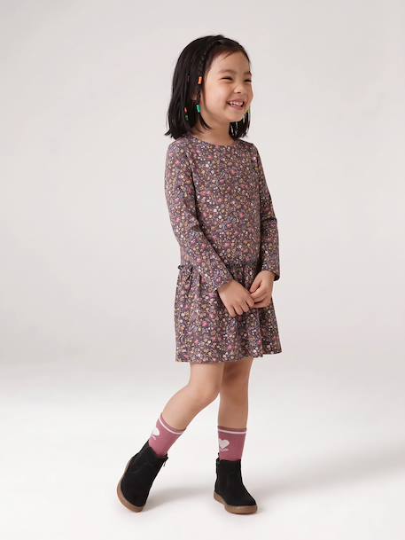 Meisjesjurk met print antraciet+beige (poederkleur)+rozen - vertbaudet enfant 