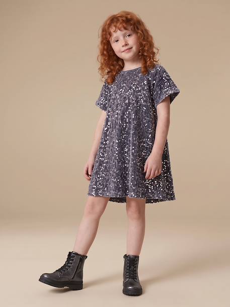 Meisjesjurk in fluweel / velours en pailletten rood+rozen+zilver - vertbaudet enfant 