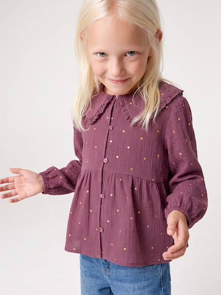 Chemise fille gaze de coton col brodé écru+prune+vert émeraude - vertbaudet enfant 