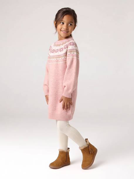 Jacquard jurk met lange mouwen kameel+roze (poederkleur)+saliegroen - vertbaudet enfant 