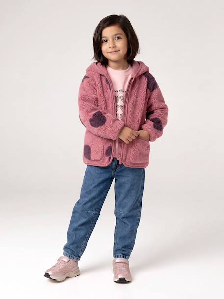 Sherpa vest met capuchon en bloemenprint voor meisjes ecru+vanille+zachtpaars - vertbaudet enfant 