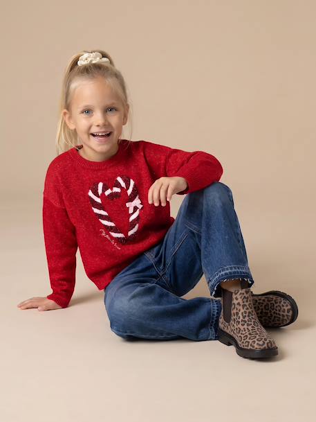Kerstcadeauverpakking 'Renne' jacquard trui + 2 scrunchies voor meisjes ecru+lichtroze+rood - vertbaudet enfant 