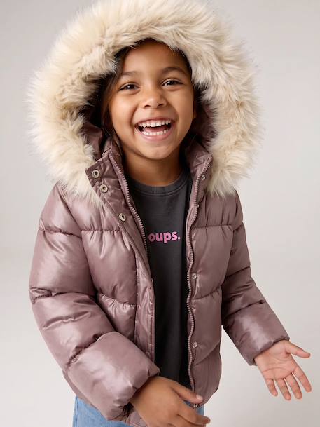 Donsjack met capuchon voor meisjes met fleece voering goud+roze (poederkleur)+zachtpaars - vertbaudet enfant 