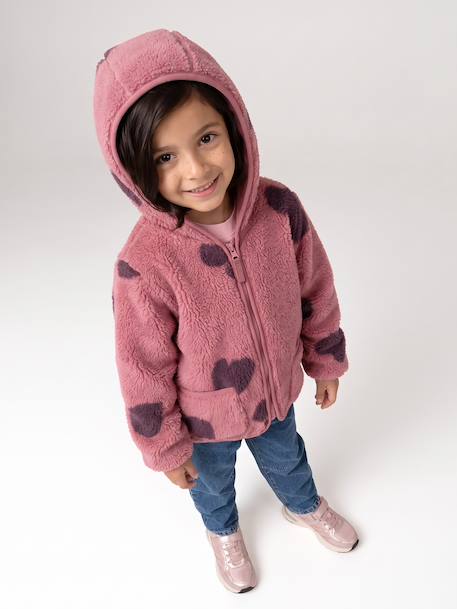 Sherpa vest met capuchon en bloemenprint voor meisjes ecru+vanille+zachtpaars - vertbaudet enfant 