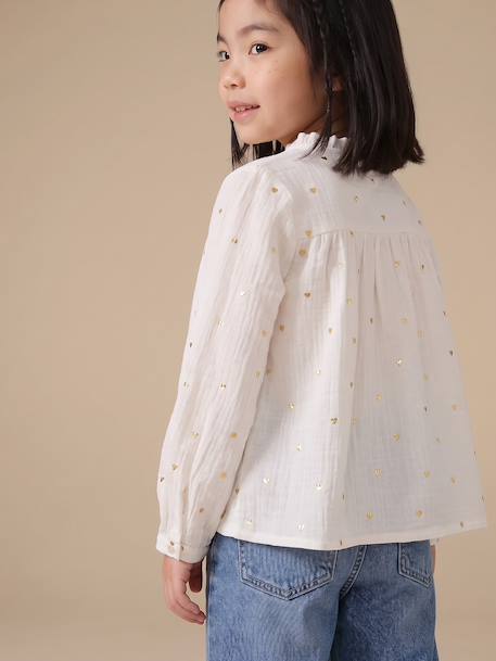 Personaliseerbare meisjesblouse van katoenen gaas chambrayblauw+ecru+goud+wit, bedrukt+zachtpaars - vertbaudet enfant 