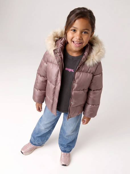 Donsjack met capuchon voor meisjes met fleece voering goud+roze (poederkleur)+zachtpaars - vertbaudet enfant 