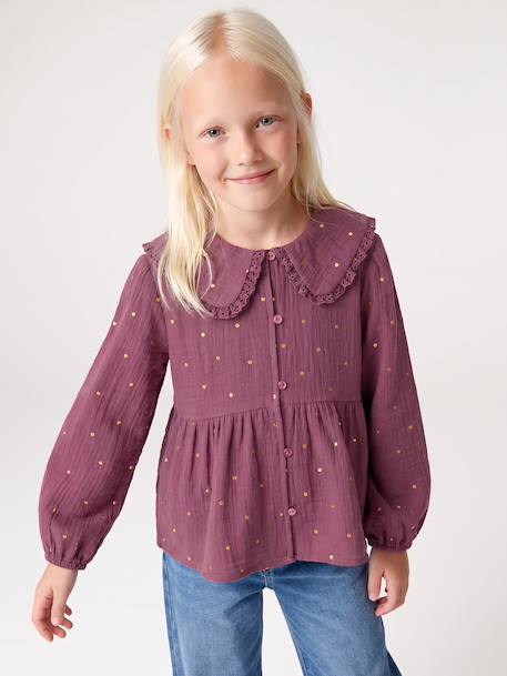 Chemise fille gaze de coton col brodé écru+prune+vert émeraude - vertbaudet enfant 