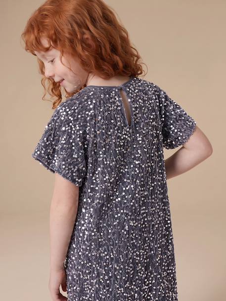 Meisjesjurk in fluweel / velours en pailletten rood+rozen+zilver - vertbaudet enfant 