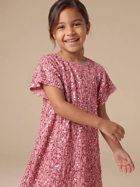 Meisjesjurk in fluweel / velours en pailletten rood+rozen+zilver - vertbaudet enfant 