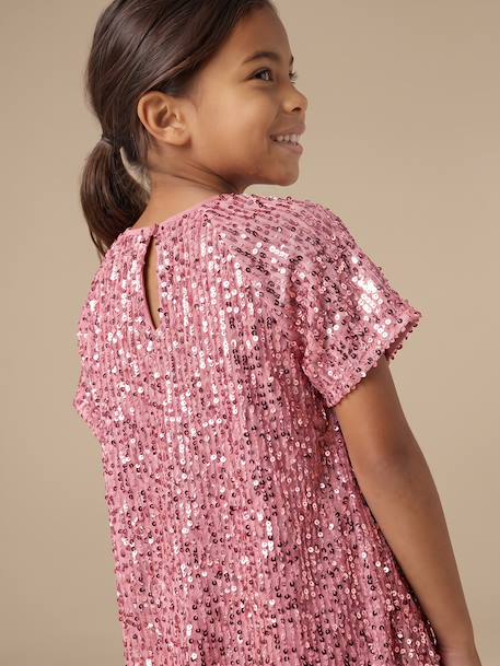 Meisjesjurk in fluweel / velours en pailletten rood+rozen+zilver - vertbaudet enfant 