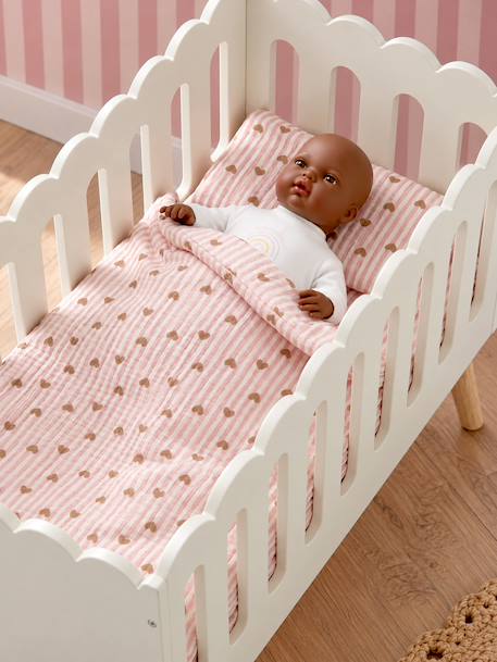 Deken + kussensloop pop van katoengaas geel+karamel+roze+roze, bedrukt+rozen - vertbaudet enfant 