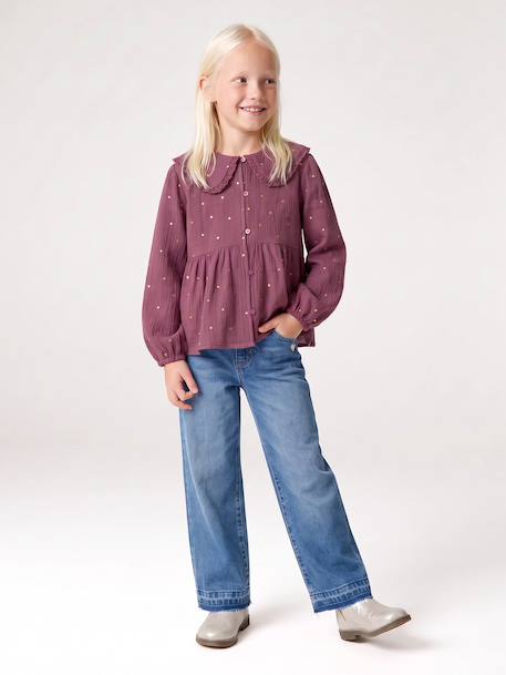 Chemise fille gaze de coton col brodé écru+prune+vert émeraude - vertbaudet enfant 