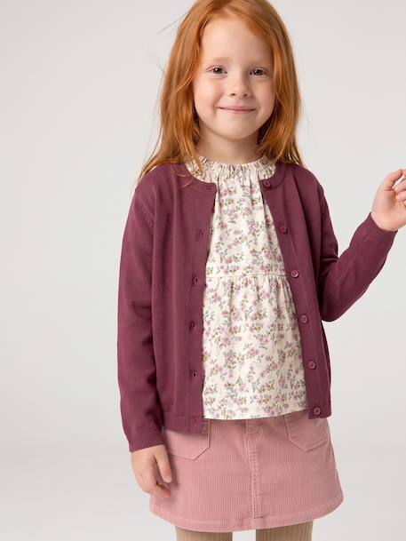 Gilet fille maille fine BASICS anthracite+beige chiné+bleu grisé+bois de rose+marine+prune+vanille+vert émeraude - vertbaudet enfant 