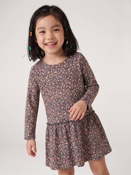 Meisjesjurk met print antraciet+beige (poederkleur)+rozen - vertbaudet enfant 