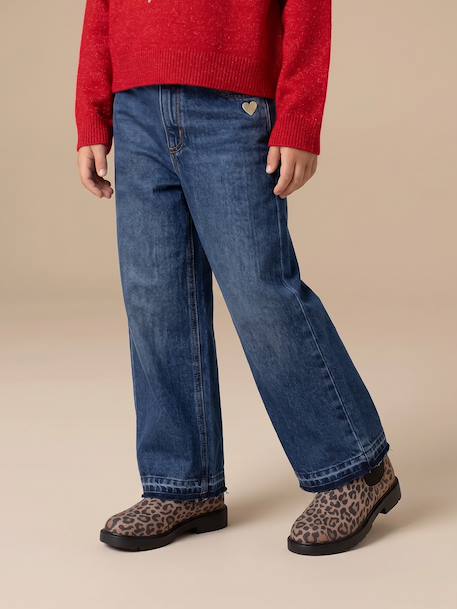 Jean fille large bas effiloché bleu foncé+denim bleached+gris+stone - vertbaudet enfant 