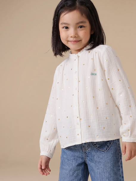 Personaliseerbare meisjesblouse van katoenen gaas chambrayblauw+ecru+goud+wit, bedrukt+zachtpaars - vertbaudet enfant 