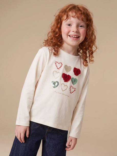T-shirt voor meisjes met hartjesprint en lange mouwen ecru+groen+rouge+wit - vertbaudet enfant 