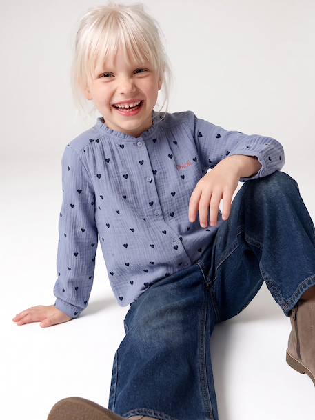 Personaliseerbare meisjesblouse van katoenen gaas chambrayblauw+ecru+goud+wit, bedrukt+zachtpaars - vertbaudet enfant 