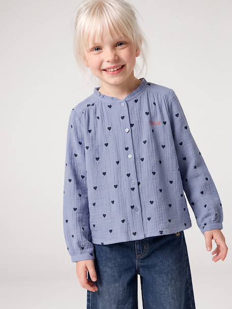 Personaliseerbare meisjesblouse van katoenen gaas chambrayblauw+ecru+goud+wit, bedrukt+zachtpaars - vertbaudet enfant 