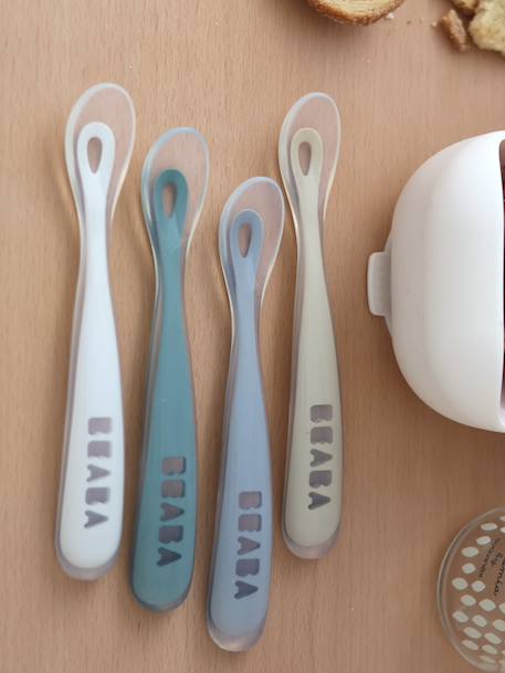 Set van 4 lepels Soft, eerste leeftijd, zonder BPA, van BEABA Blauw/grijs/okergeel+blue/ eucalyptus/ pink/ mist+saliegroen - vertbaudet enfant 