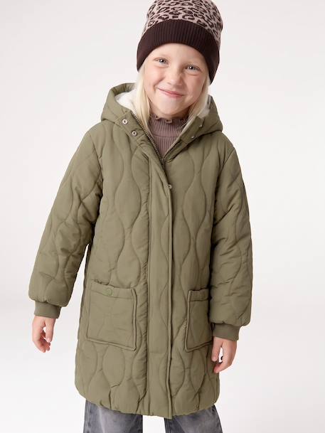 Lange donsjack met capuchon voor meisjes, gevoerd met imitatiebont kaki+zwart - vertbaudet enfant 
