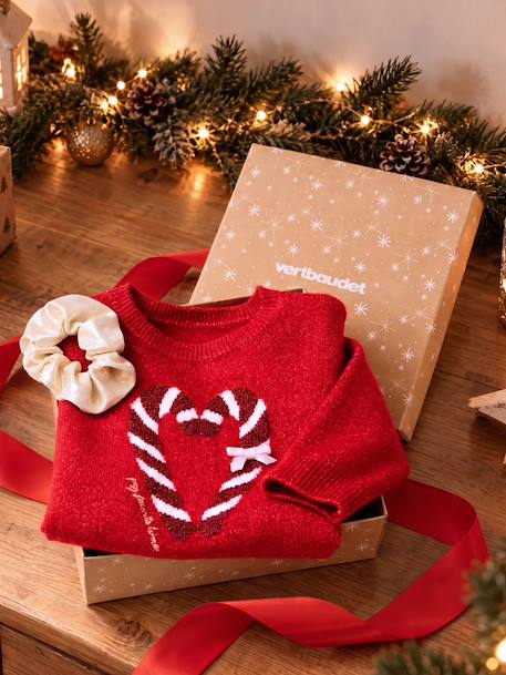 Coffret Noël fille pull jacquard et accessoire écru+rose pâle+rouge - vertbaudet enfant 