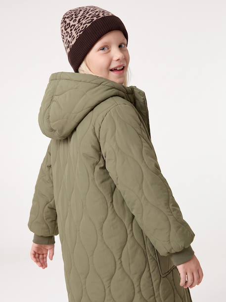 Lange donsjack met capuchon voor meisjes, gevoerd met imitatiebont kaki+zwart - vertbaudet enfant 