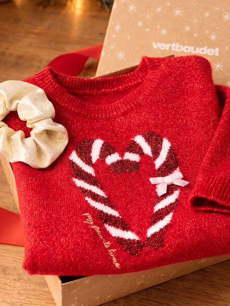 Kerstcadeauverpakking 'Renne' jacquard trui + 2 scrunchies voor meisjes ecru+lichtroze+rood - vertbaudet enfant 