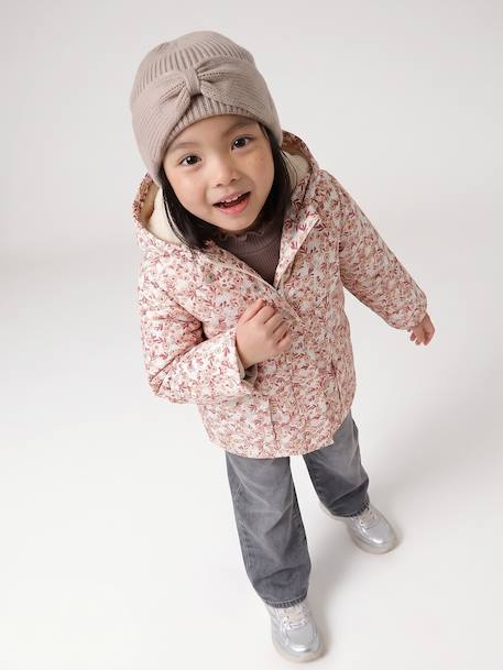 Geribde meisjesmuts met strik gemêleerd beige+kaneel+oudroze - vertbaudet enfant 