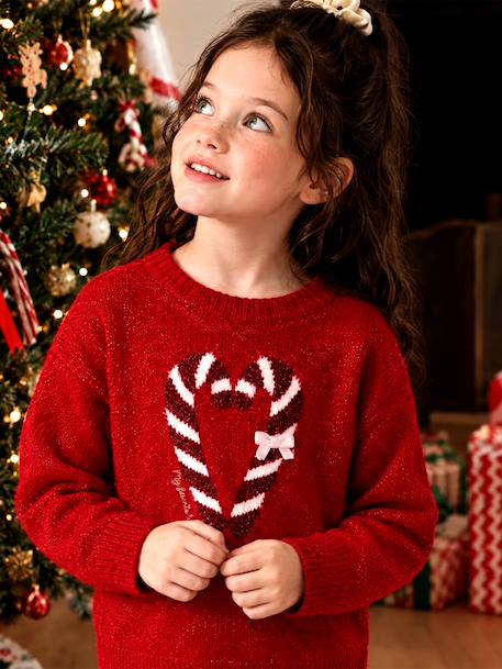 Kerstcadeauverpakking 'Renne' jacquard trui + 2 scrunchies voor meisjes ecru+lichtroze+rood - vertbaudet enfant 