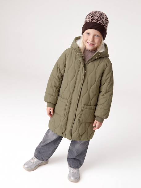 Lange donsjack met capuchon voor meisjes, gevoerd met imitatiebont kaki+zwart - vertbaudet enfant 