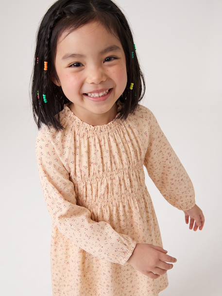 Kort meisjesjurkje met lange mouwen ecru+kaneel - vertbaudet enfant 
