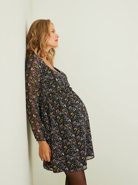 Zwangerschapsjurk in bedrukte crêpe Zwart met print - vertbaudet enfant 