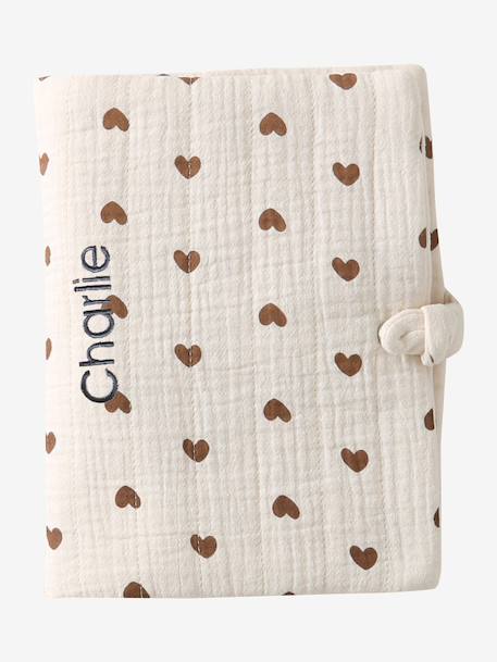 Protège carnet de santé en gaze de coton beige imprimé+cappuccino+ficelle - vertbaudet enfant 