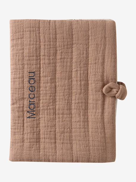 Protège carnet de santé en gaze de coton beige imprimé+cappuccino+ficelle - vertbaudet enfant 