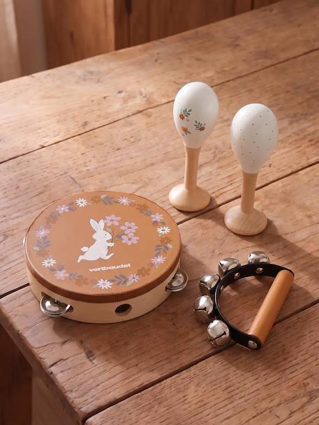 Set van 3 instumenten: maracas, tamboerijn en bellenhandvat groen+rozen - vertbaudet enfant 