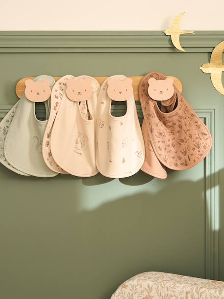 Lot 7 bavoirs naissance en coton bio* beige imprimé+blanc jungle+ficelle+Hérisson+rose pâle+vert d'eau - vertbaudet enfant 