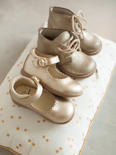 Laarzen met leren veters voor meisjesbaby's bordeauxrood+GOUD+marine met sterrenprint - vertbaudet enfant 