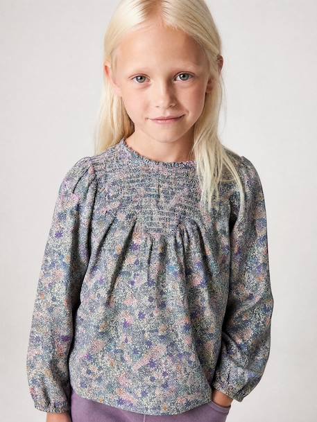 Blouse voor meisjes met gesmokte mouwen ivoor+lichtroze+saliegroen+vanille - vertbaudet enfant 