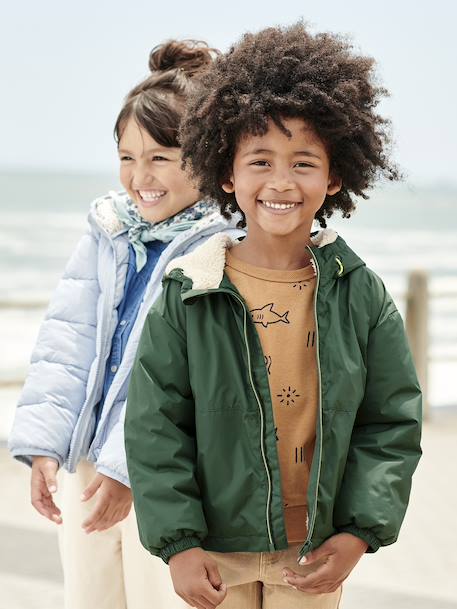 Windjack met capuchon en sherpavoering voor jongens kaki+karamel+marineblauw+olijf - vertbaudet enfant 