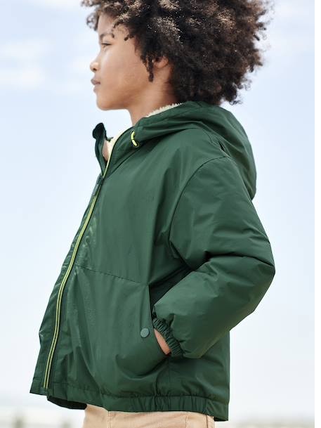 Windjack met capuchon en sherpavoering voor jongens kaki+karamel+marineblauw+olijf - vertbaudet enfant 