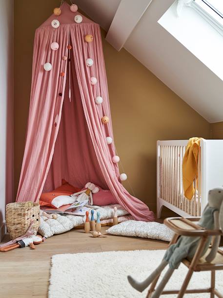 Pompons gordijn hemelbed MOSTERD+roze - vertbaudet enfant 