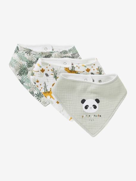 Lot 3 bavoirs bandanas en gaze de coton BLANC+carreaux vert+écru+lot beige+lot renard+lot vert panda+vert sauge - vertbaudet enfant 