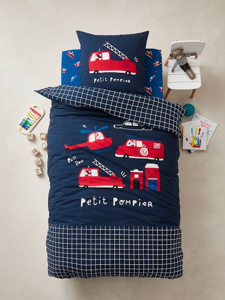 Parure housse de couette enfant et taie d'oreiller PETIT POMPIER bleu foncé - vertbaudet enfant 