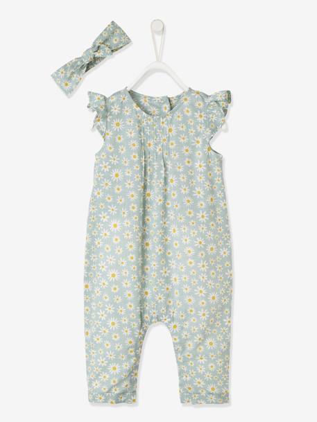 Ensemble bébé fille combinaison + bandeau imprimés rose pâle+rose poudré+vert céladon imprimé - vertbaudet enfant 