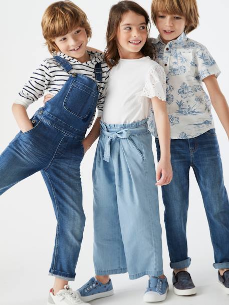 Pantacourt fille large en denim léger style 'paperbag' bleu moyen+double stone - vertbaudet enfant 