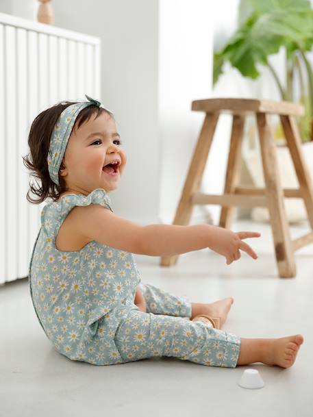 Bedrukt setje pakje + hoofdband baby meisje lichtroze+roze (poederkleur)+zeegroen met print - vertbaudet enfant 